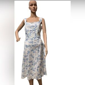 Blue Floral Square-Neck High Slit Midi Dress - Classic Summer Style L